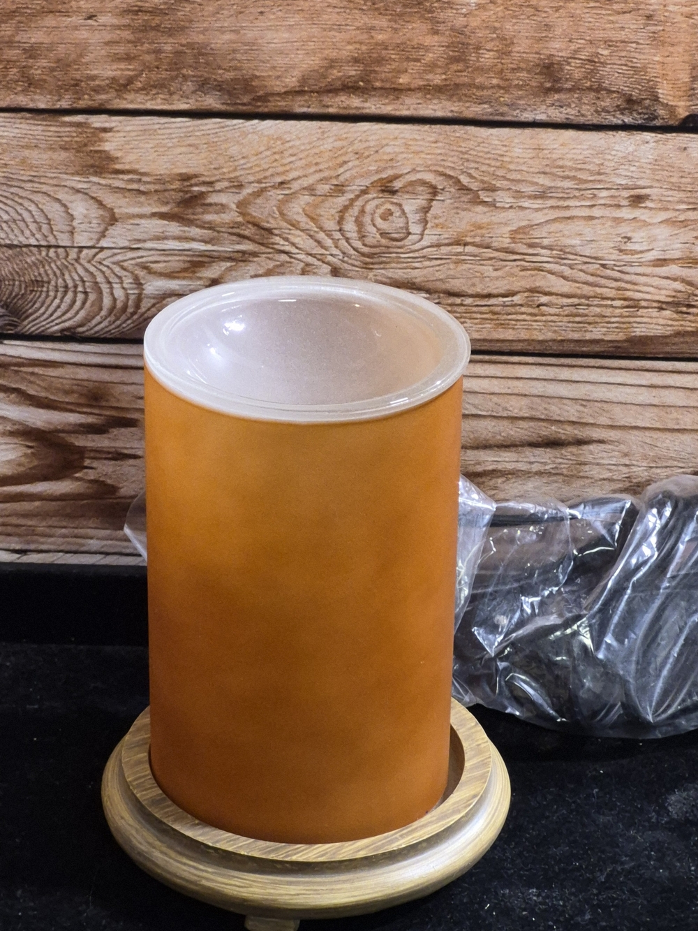 Pink Zebra Orange Cylindrical Simmer Light with Wood Base